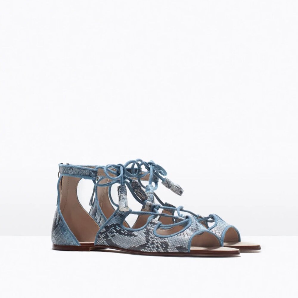 ZARA Lace Up Ankle Sandals Blue Python